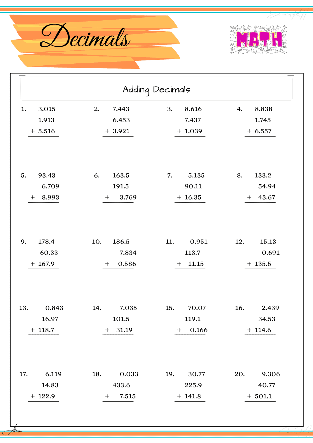 Grade 4 Math Decimals IV Addition 