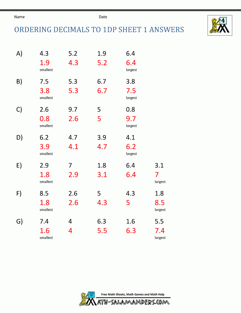 Math Worksheets 4th Grade Ordering Decimals To 2dp