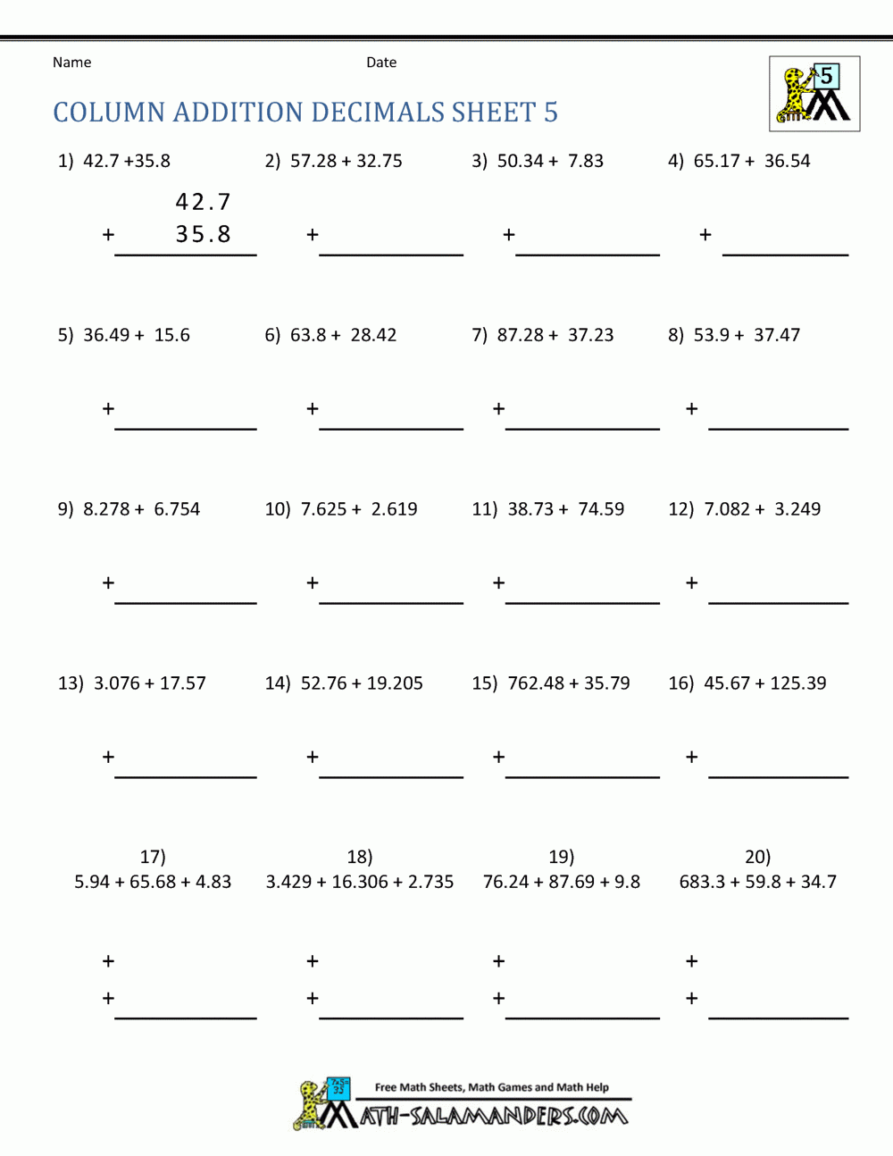 Math Worksheets For Fifth Grade Adding Decimals