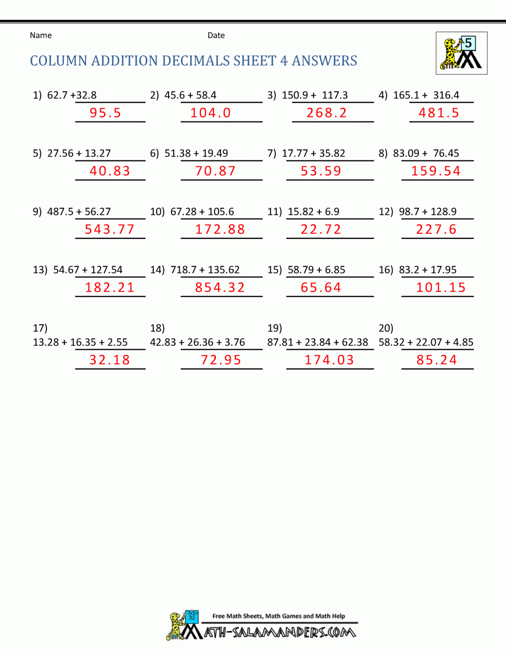 Math Worksheets For Fifth Grade Adding Decimals