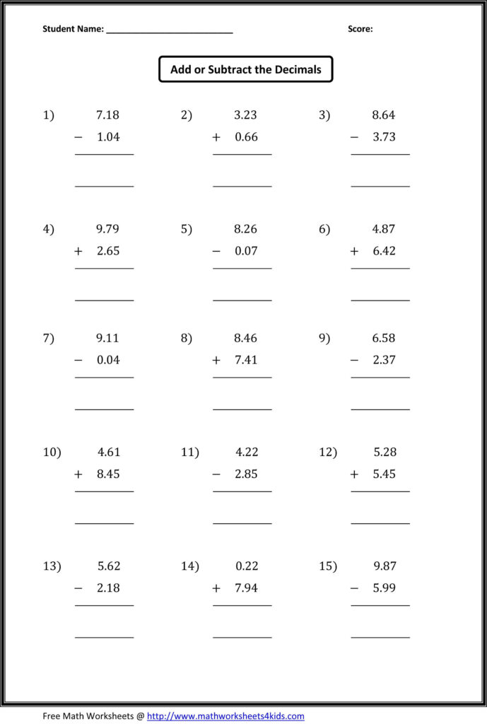 Math Worksheets Grade 7 Decimals