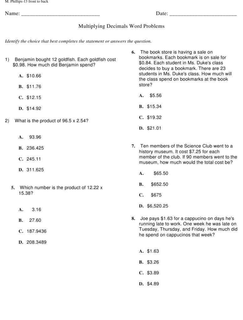 Multiplication Of Decimals Worksheets Pdf Multiplying And Dividing 