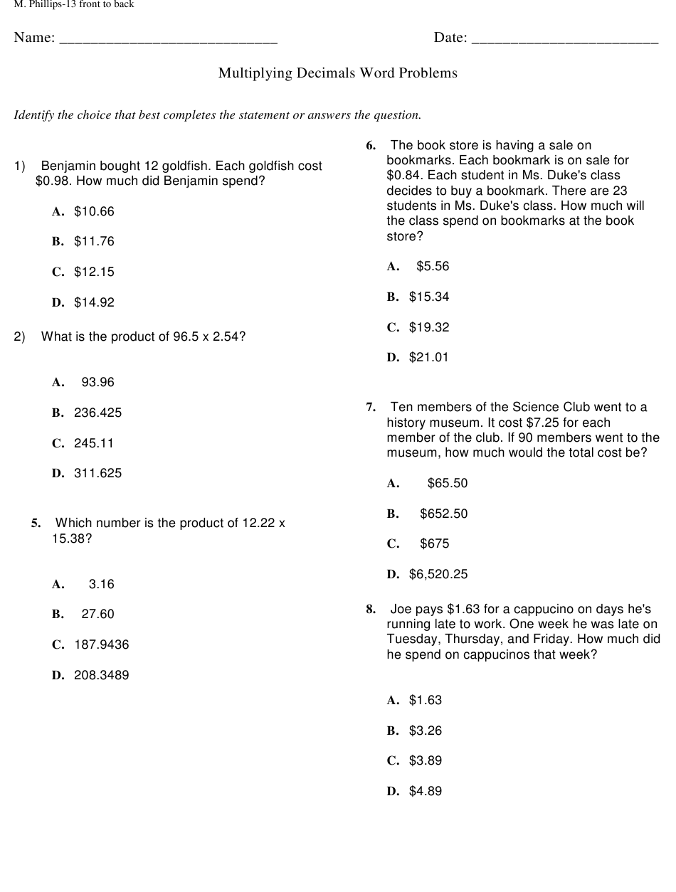 Multiplication Of Decimals Worksheets Pdf Multiplying And Dividing 