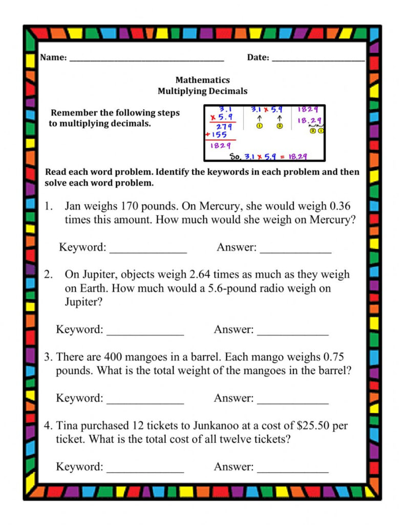 Multiplication With Decimals Word Problems Worksheet Times Tables 