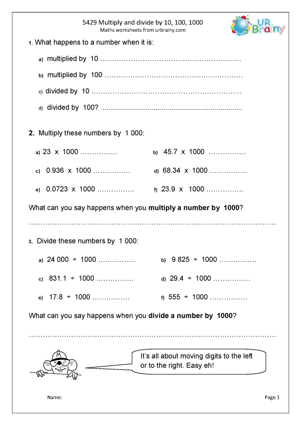 Multiply And Divide By 10 100 And 1000 Division Maths Worksheets For 