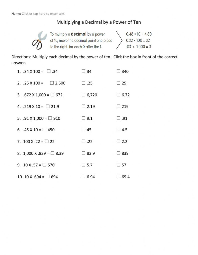 Multiplying A Decimal By Powers Of Ten Multiple Choice Worksheet