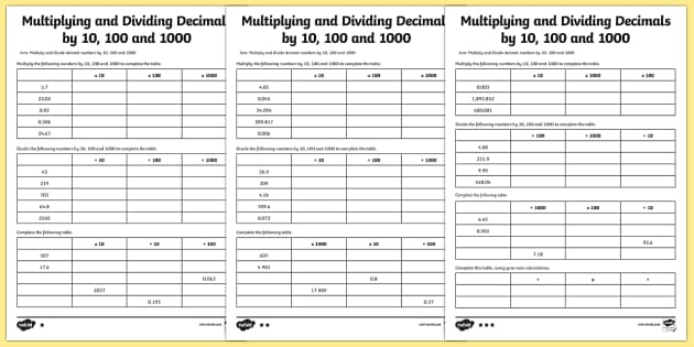 Multiplying And Dividing Decimals Worksheet 10 100 1000