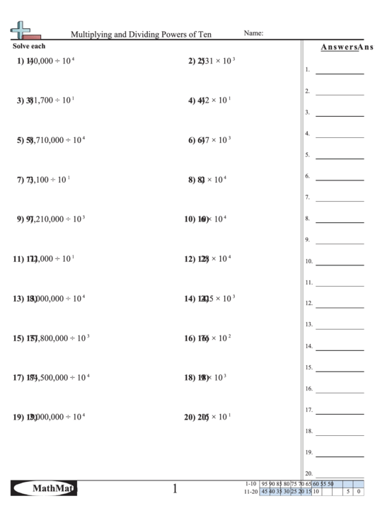 Multiplying And Dividing Powers Of Ten Math Worksheet With Answer Key 