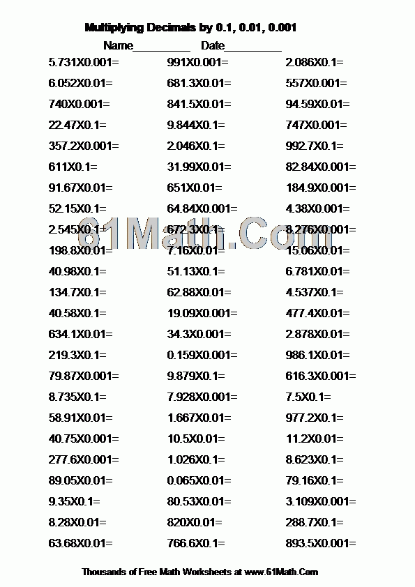 Multiplying Decimals By 0 1 0 01 0 001 Create Your Own Math Worksheets