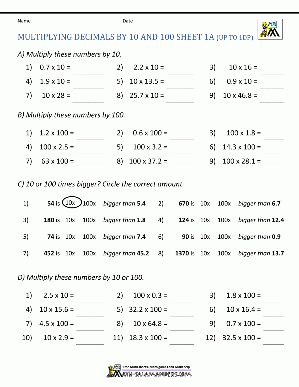 Multiplying Decimals By 10 100