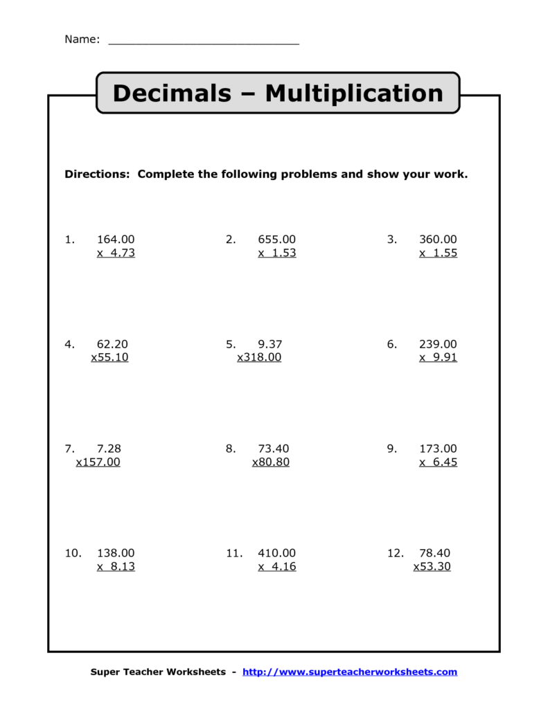 Multiplying Decimals Multiplication With Decimals Worksheets