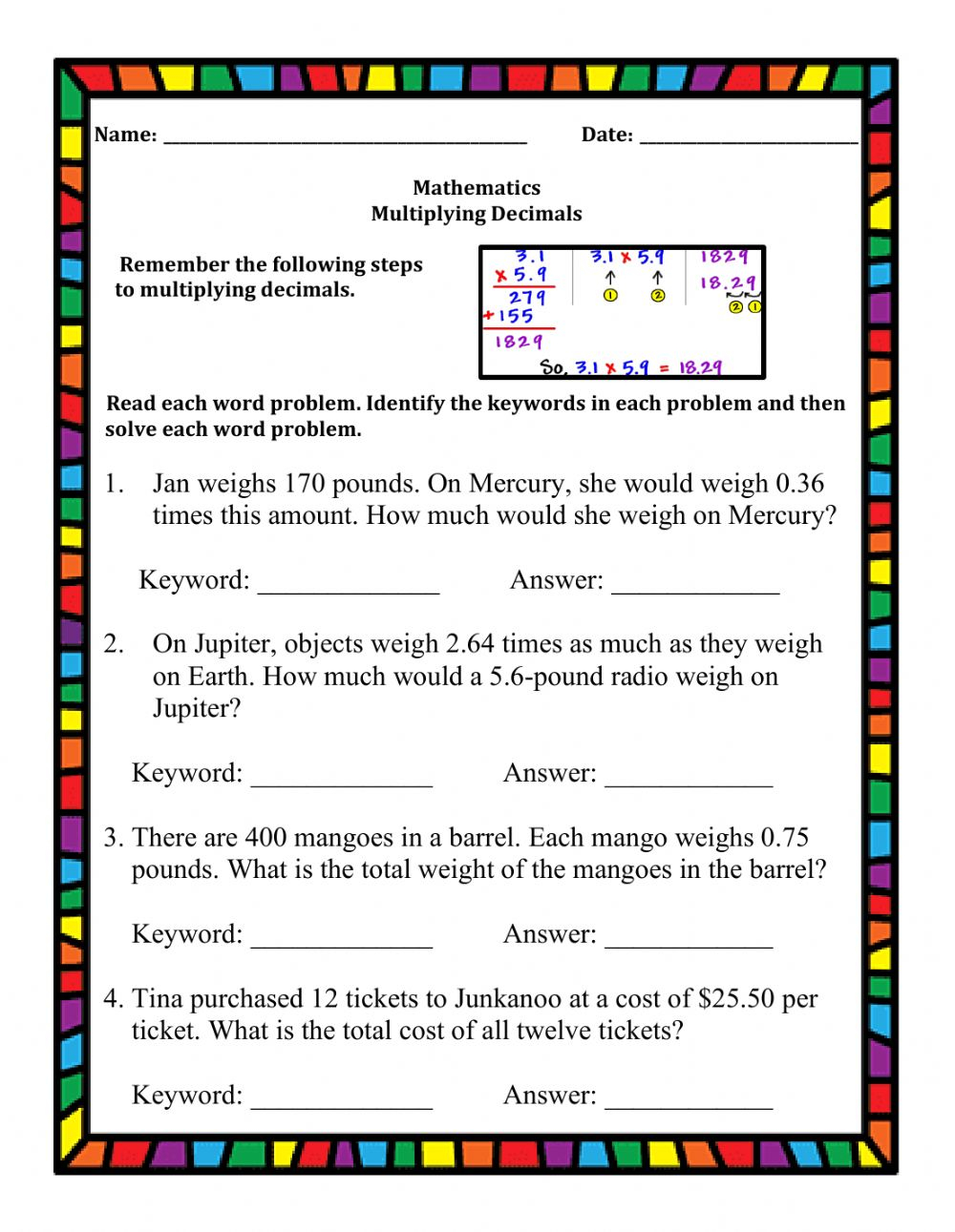 Multiplying Decimals Word Problems Worksheet