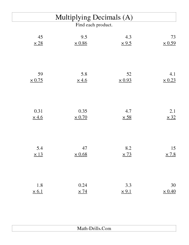 Multiplying Decimals Worksheet Two Digit By Two Digit With Various 