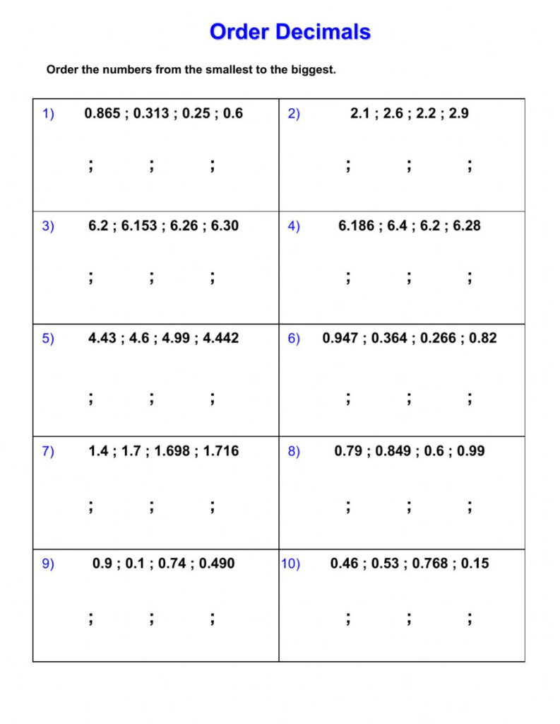 Ordering Decimals Worksheet