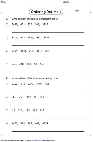 Ordering Decimals Worksheets