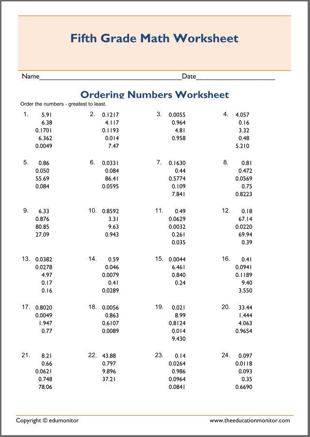 Ordering Decimals Worksheets 5th Grade