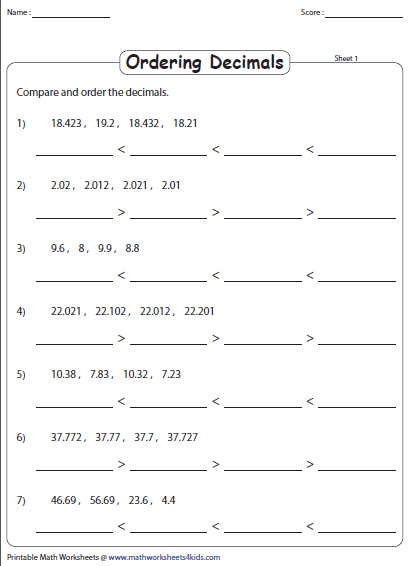 Ordering Decimals Worksheets