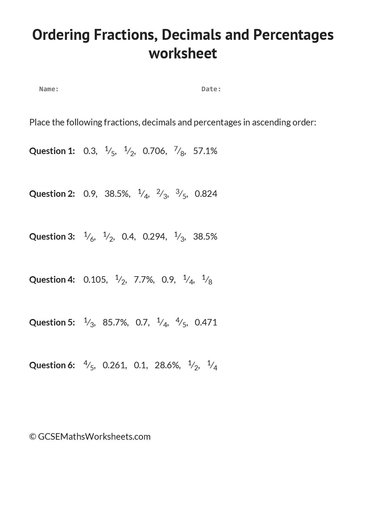 Ordering Fractions Decimals And Percentages Worksheet Fractions 