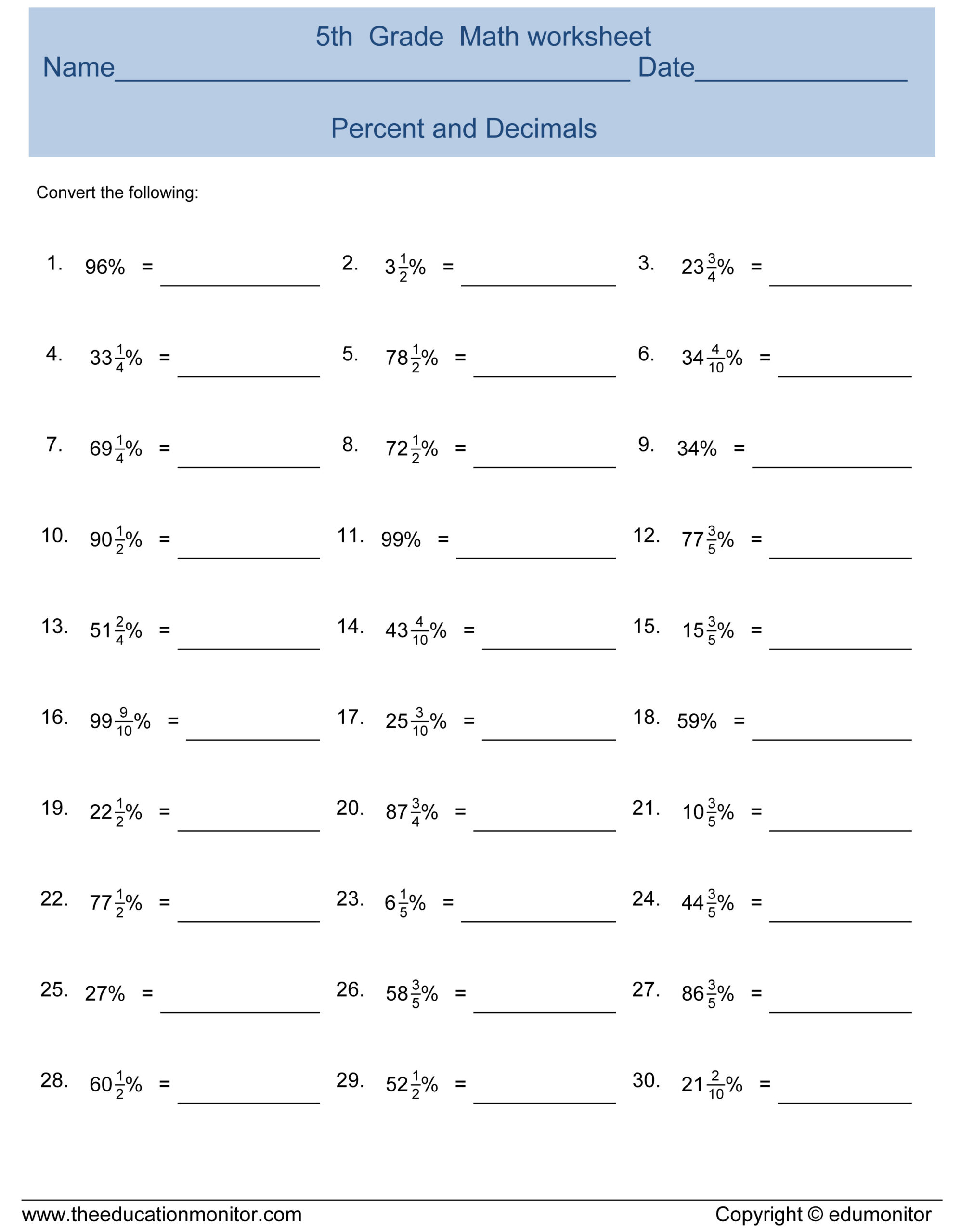 Percentages And Decimals 5th Grade Math Worksheets