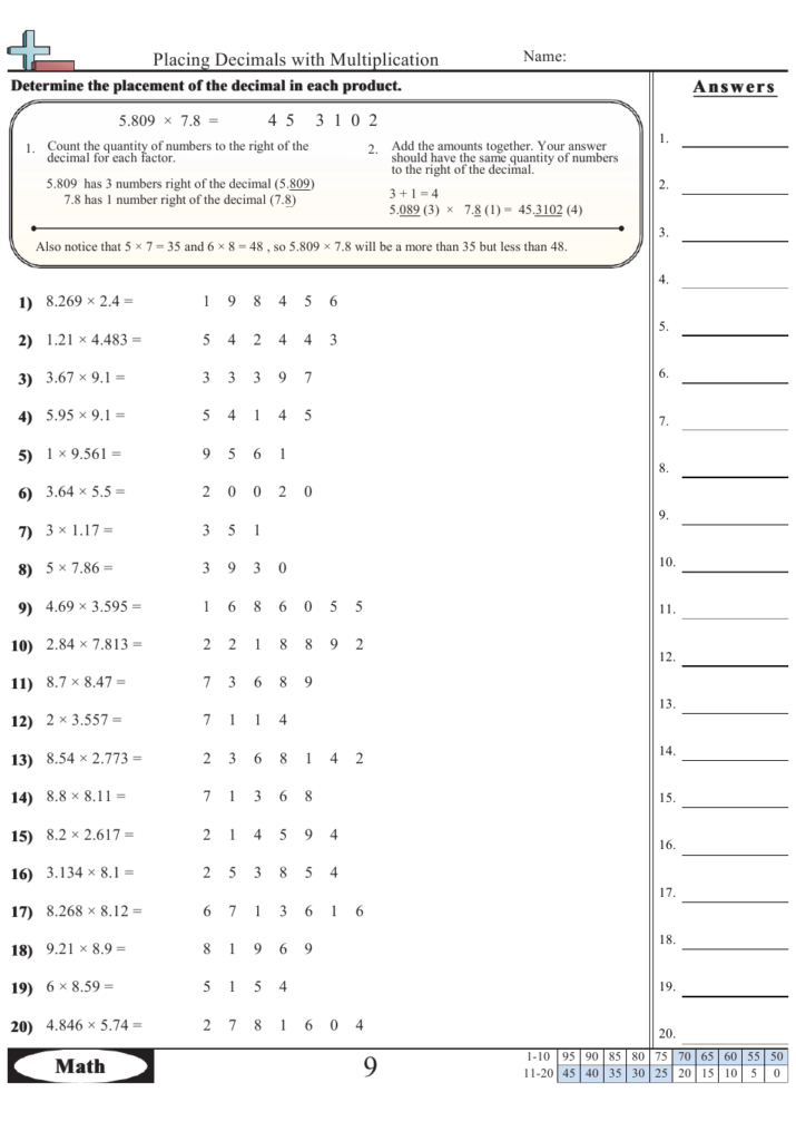 Placing Decimals With Multiplication Worksheet With Answer Key Download 