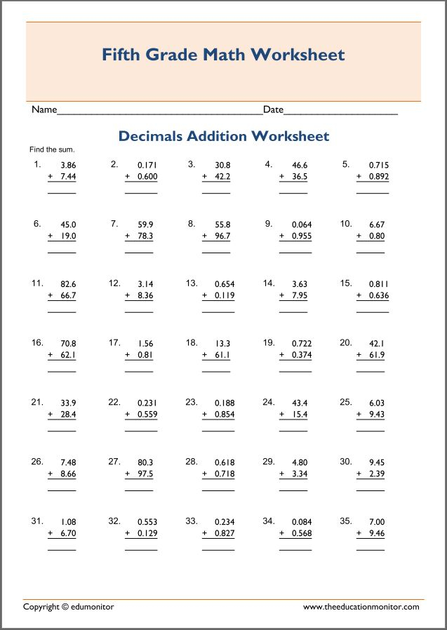Printable Fifth Grade Decimal Worksheets