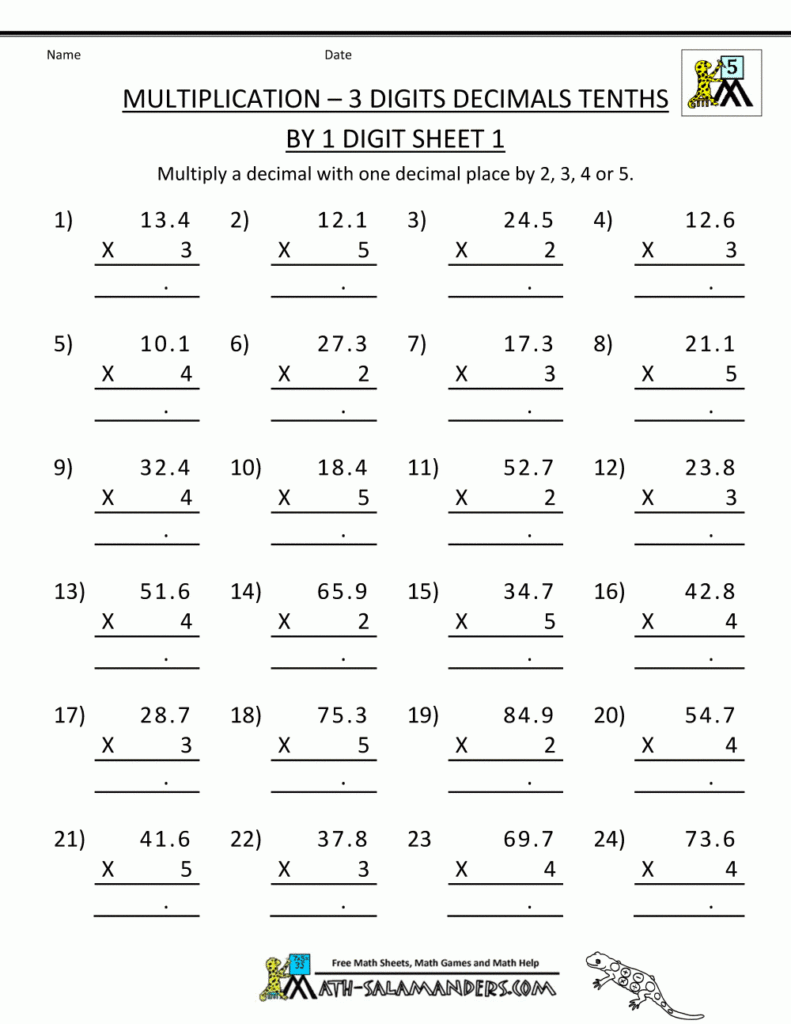 Printable Multiplication Sheet 5Th Grade Multiplying Decimals Free 