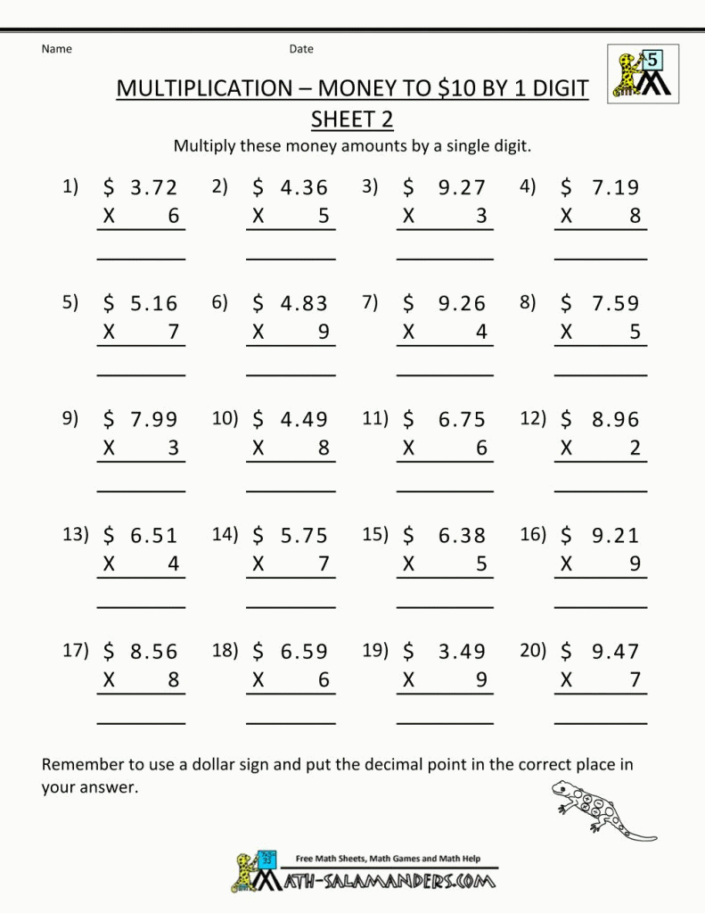 Printable Multiplication Sheet 5Th Grade Multiplying Decimals Free 