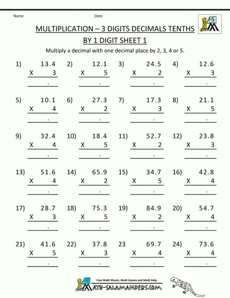 Printable Multiplication Sheet 5Th Grade Multiplying Decimals Free