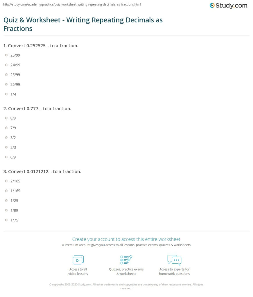 Quiz Worksheet Writing Repeating Decimals As Fractions Study