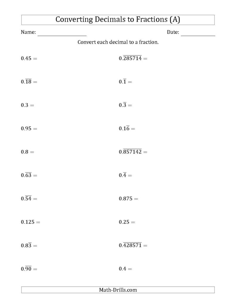 Repeating Decimal To Fraction Worksheet TariniJonald