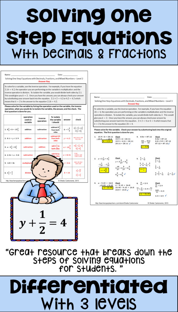 Solving One Step Equations With Fractions And Decimals Worksheets Using 