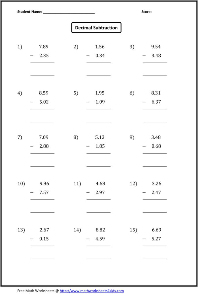 Subtracting Decimals Worksheet 5th Grade Theodore Bailey