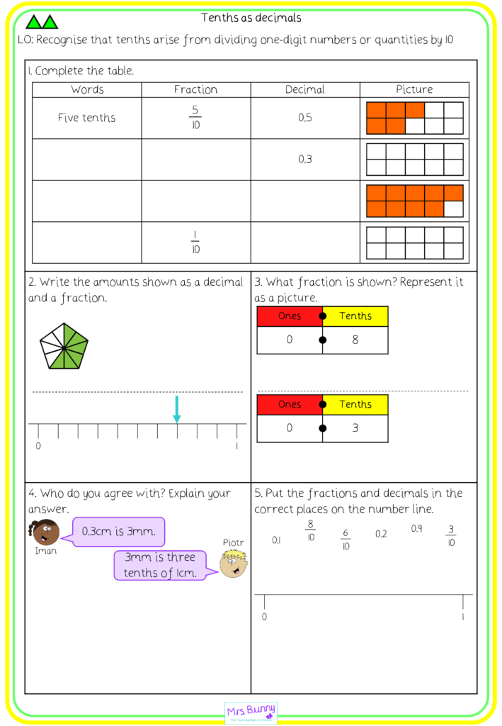 Tenths As Decimals Worksheets Year 3 Fractions Teaching Resources