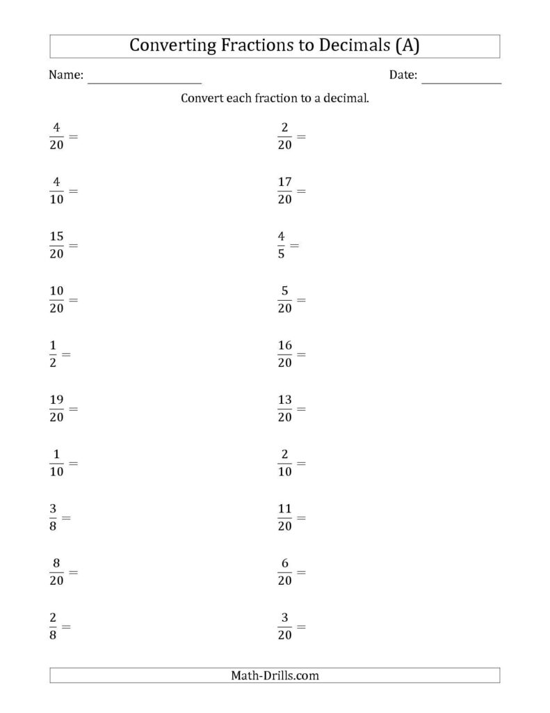 The Converting Fractions To Terminating Decimals A Math Worksheet