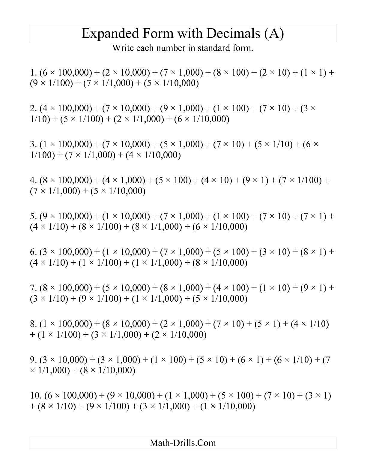 10 Decimal Place Value Expanded Form Worksheets Worksheeto