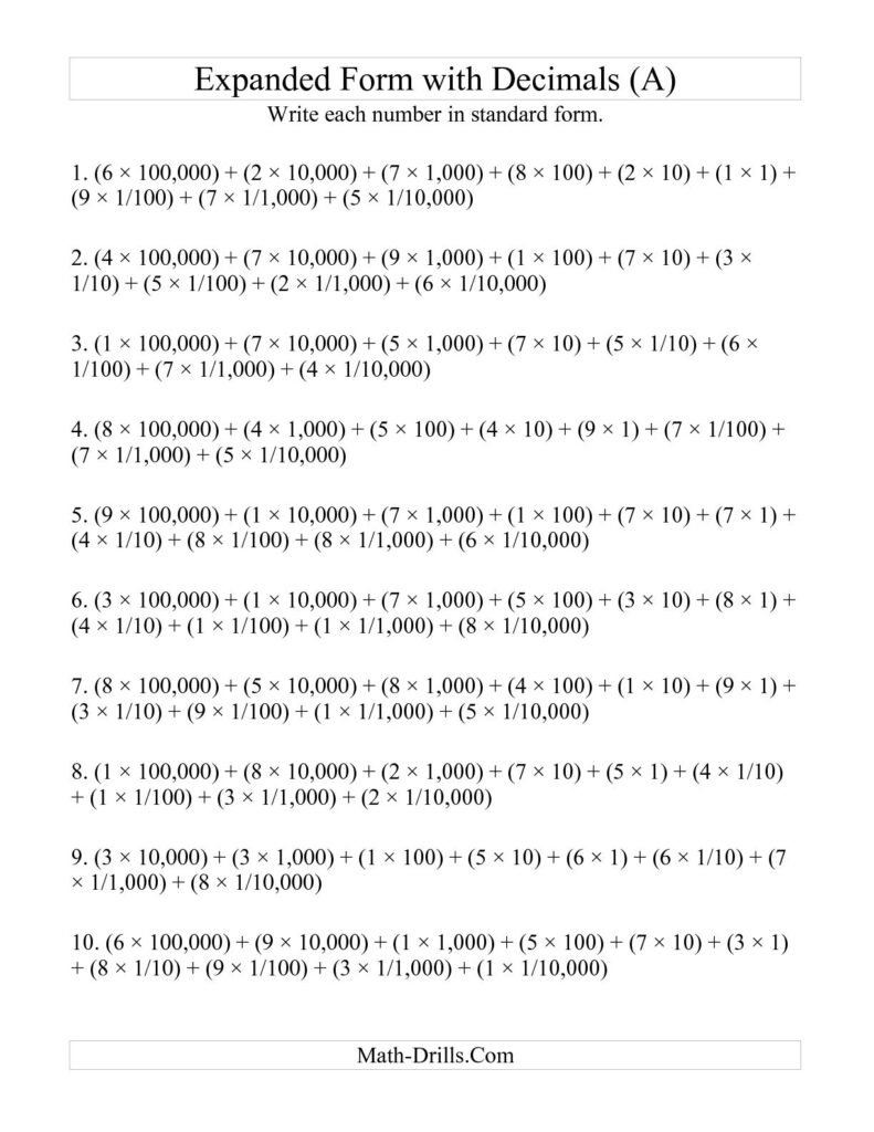 10 Decimal Place Value Expanded Form Worksheets Worksheeto