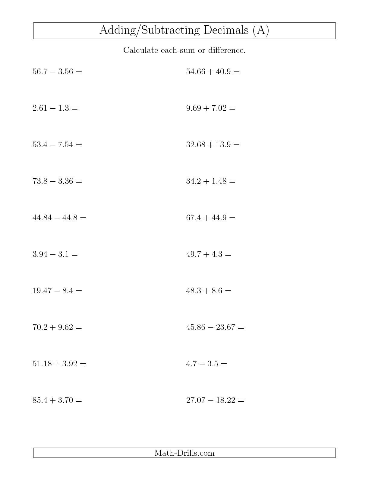 20 Adding And Subtracting Decimals Word Problems Worksheets