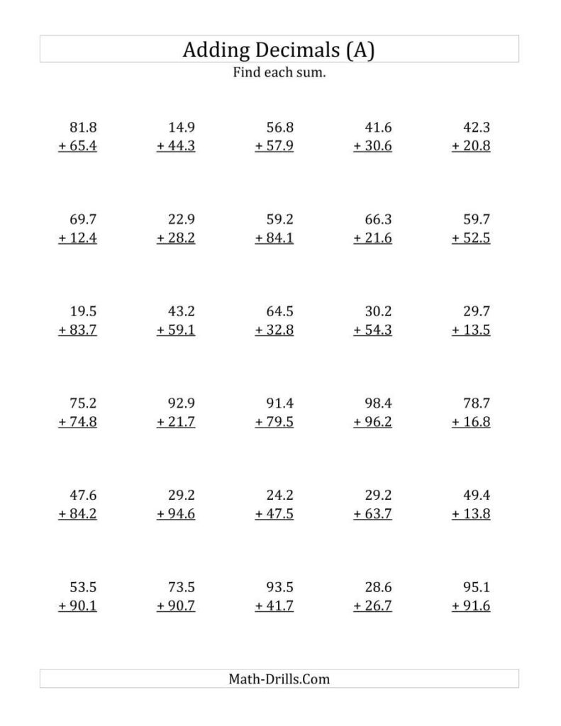 20 Worksheets Adding Decimals 6 ESL Worksheets Kids