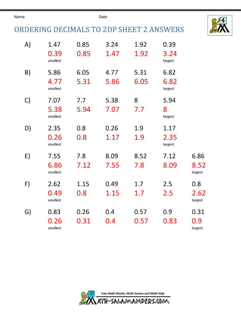 27 Worksheets Putting Decimals In Order Least To Greatest