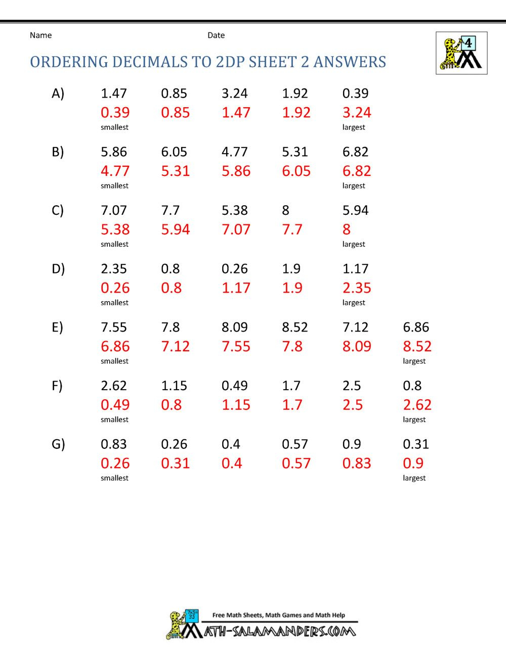 27 Worksheets Putting Decimals In Order Least To Greatest 