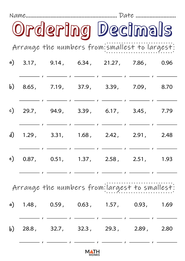 4th Grade Decimal Worksheets