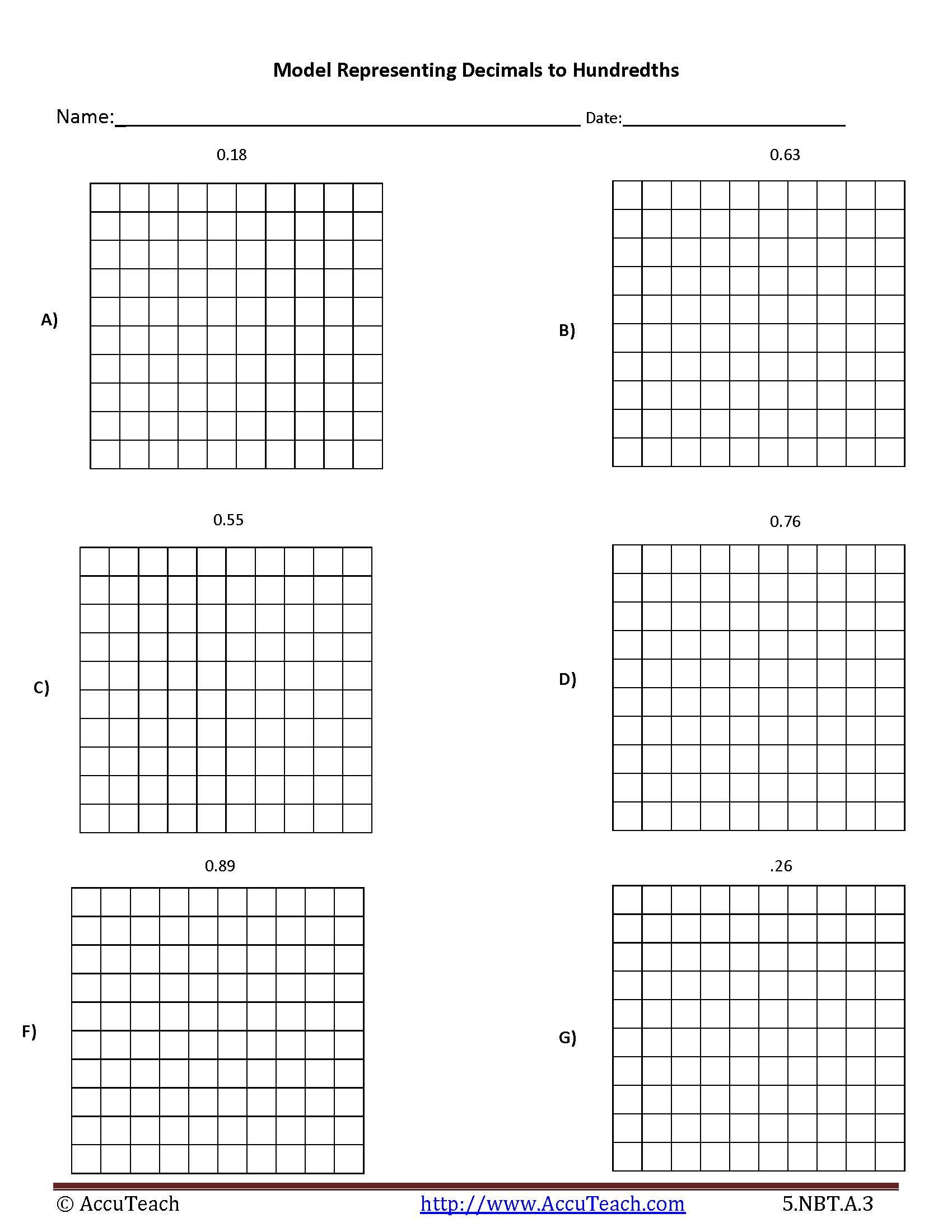 5 NBT A 3 Representing Decimals To Hundredths Worksheet Activity 13 