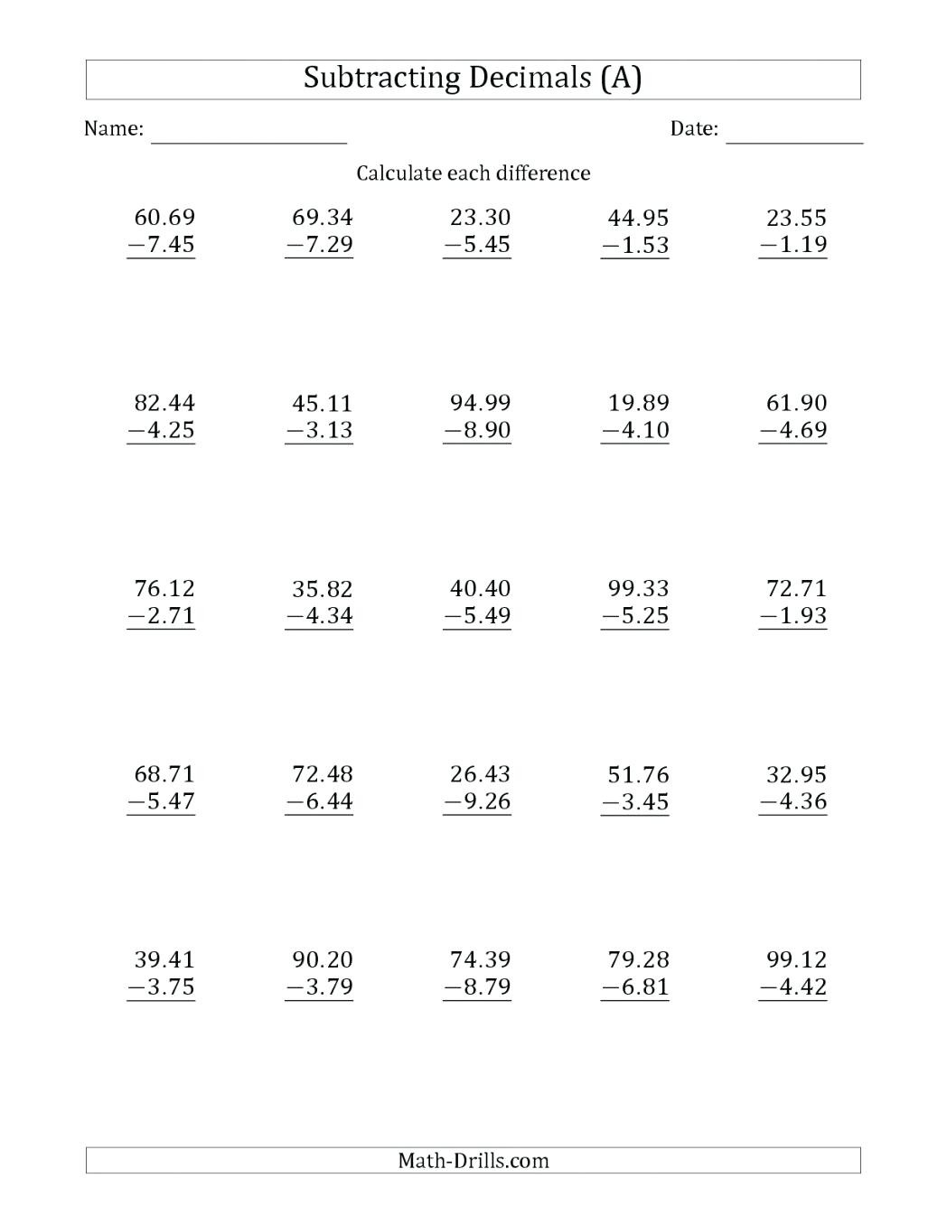 5th Grade Decimal Review Worksheet Decimal Worksheets