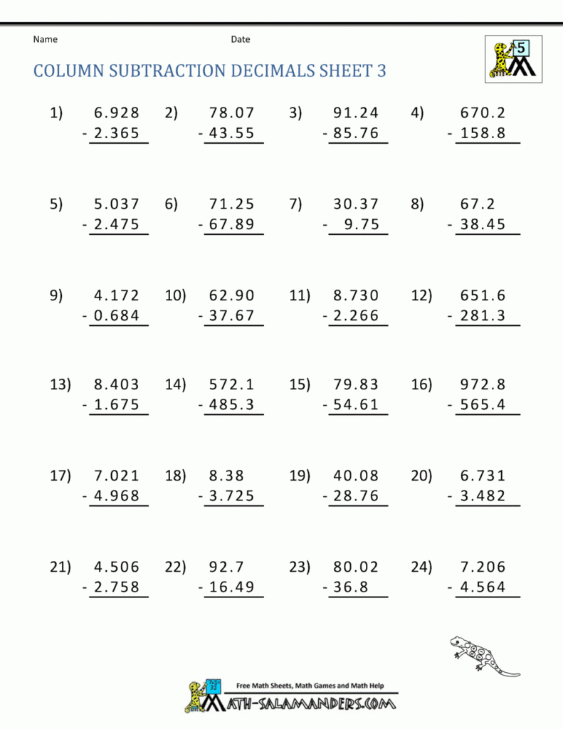 5th Grade Math Practice Subtracing Decimals