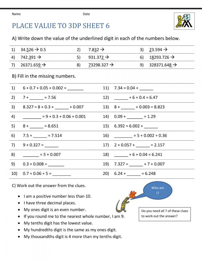 5th Grade Math Printable Worksheets 99Worksheets