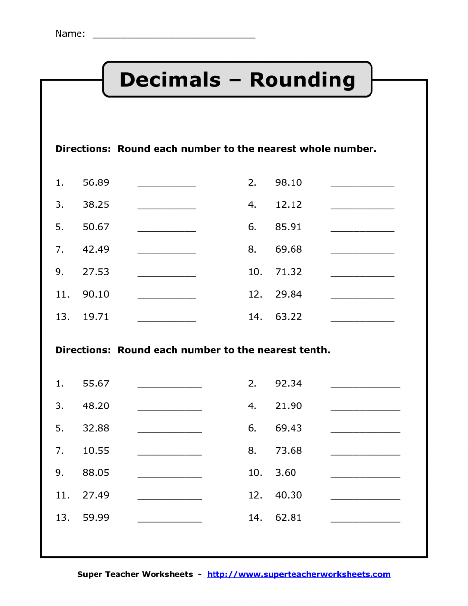 5Th Grade Math Worksheets For Rounding Decimals My Pet Sally