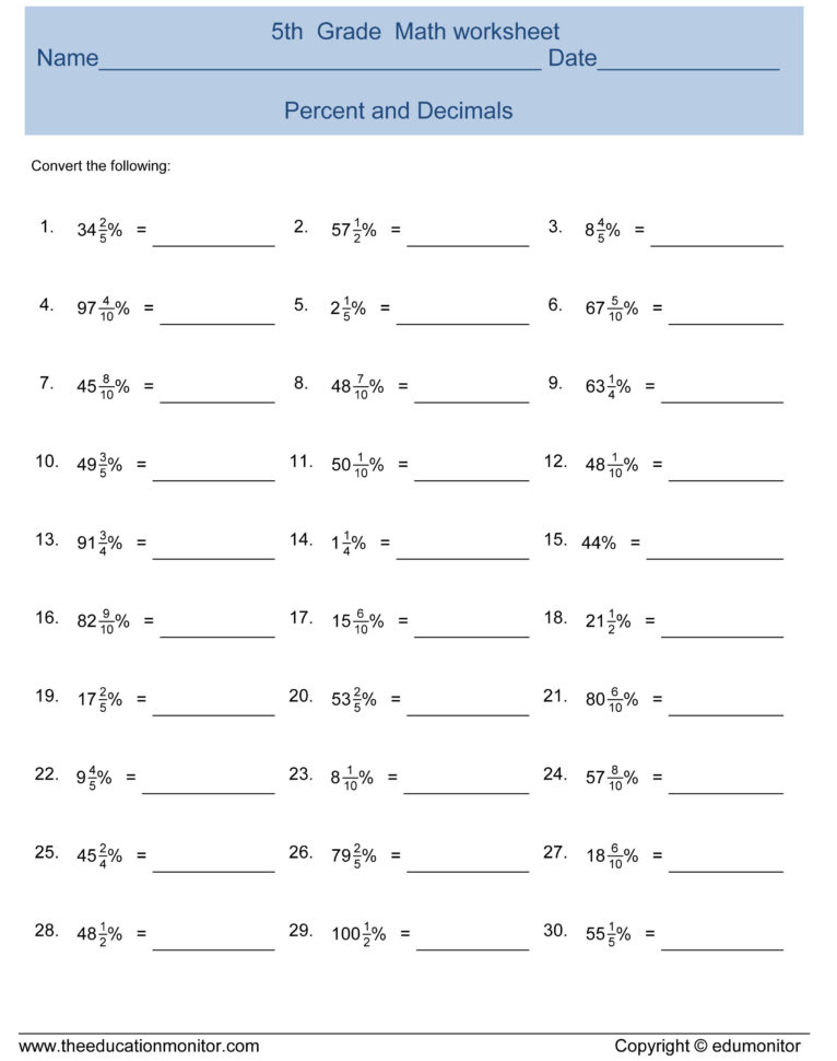 6th Grade Math Fractions Decimals Percents Worksheets Printable Math 