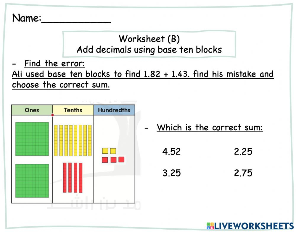 Add Decimals Using Base Ten Blocks B Worksheet