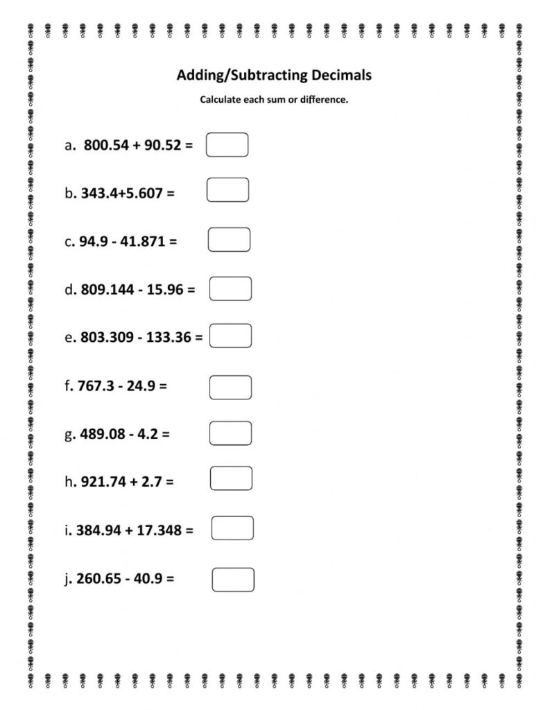 Adding And Subtracting Decimal Worksheet