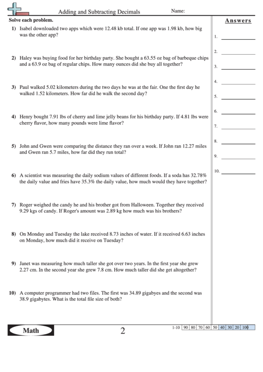 Adding And Subtracting Decimals Worksheet With Answer Key Printable Pdf 